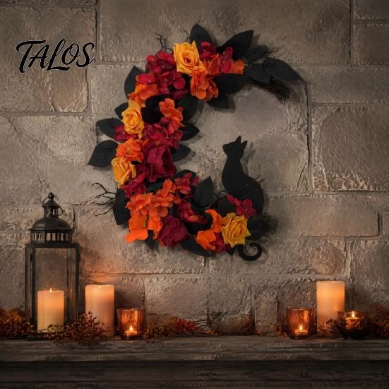 Halloween Wreath for Front Door Black Cat Moon Wreath, Gothic Crescent with Artificial Fall Rose Flowers Home Porch Wall Decor Floral