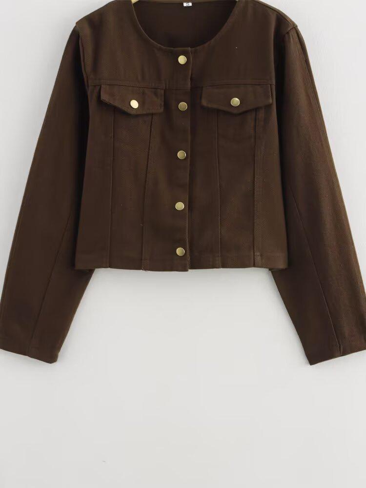 2025 Spring Women's European & American Style Brown Crew Neck Jacket and High Waist Pants Set