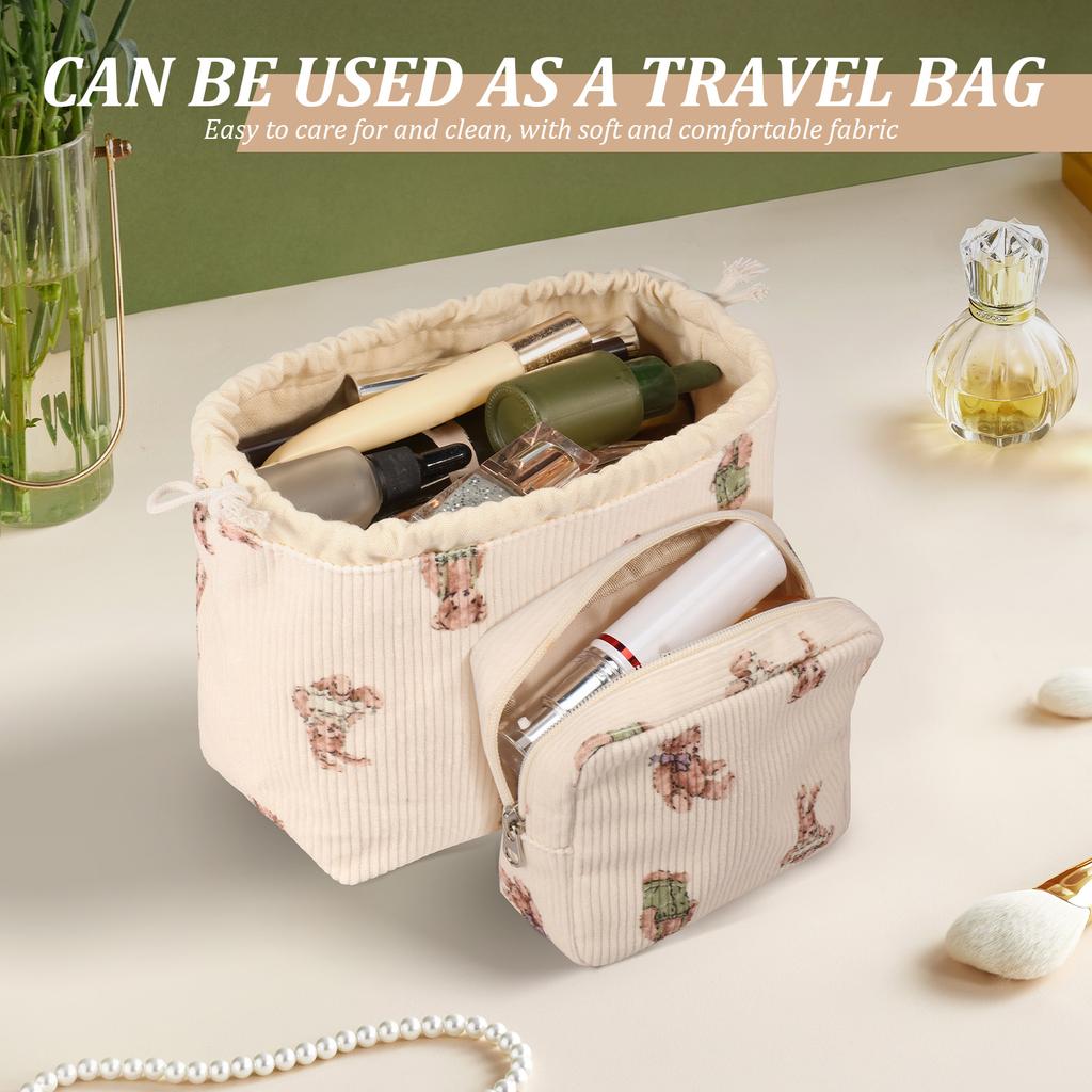 2 Pcs Cute Aesthetic Makeup Bag Set Soft Corduroy Cosmetic Bag Set with Canvas Lining Portable Travel Toiletry Bag Set for Women