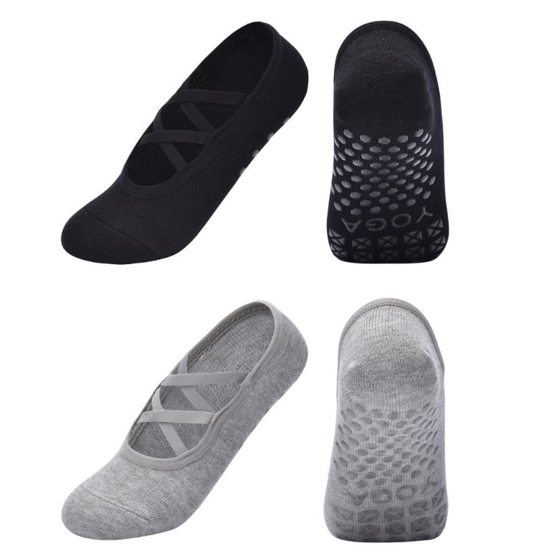 2 Pairs Women's Crisscross Strap Yoga Socks With Nonslip Grip Low Cut Cotton Socks For Pilates Barre Ballet Barefoot