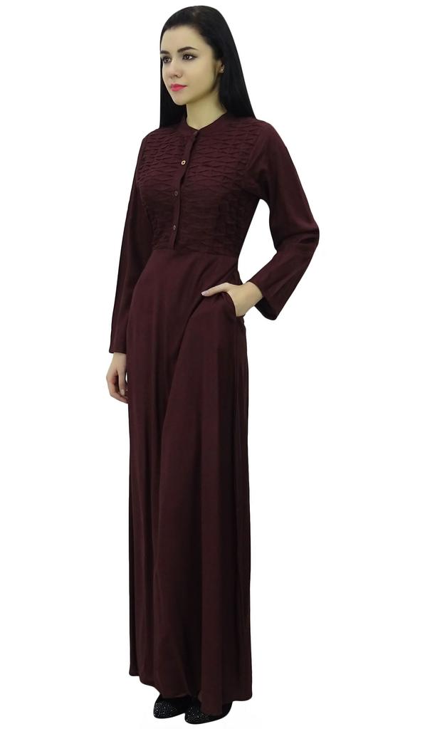 Bimba Women's Long Sleeve Maxi Mandarin Collar Plain Jilbab Dress With