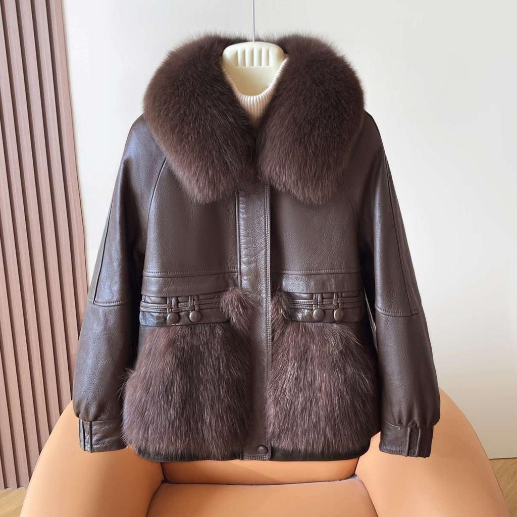 Autumn Winter Women's Faux Fur Coats Stitched Artificial Fox Fur Collar Fur Coat Short Slim Down Leather Jacket