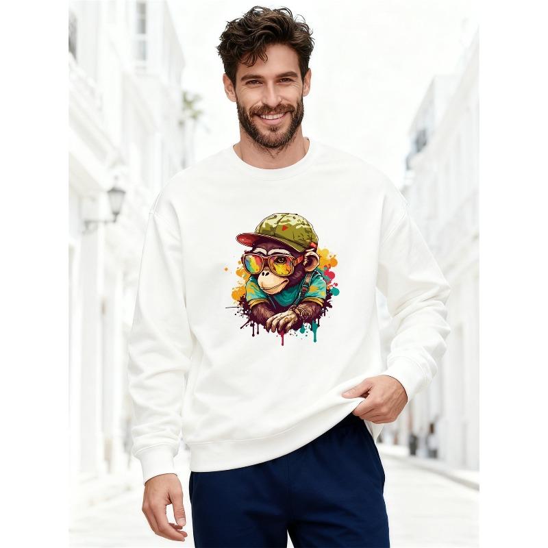 Men's Casual Crewneck Sweatshirt with Trendy Monkey Pattern Wearing Hat and Fashion Glasses