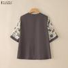 ZANZEA Women Casual Round Neck Print Splice Loose Half Sleeve Blouse