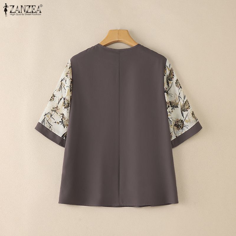 ZANZEA Women Casual Round Neck Print Splice Loose Half Sleeve Blouse