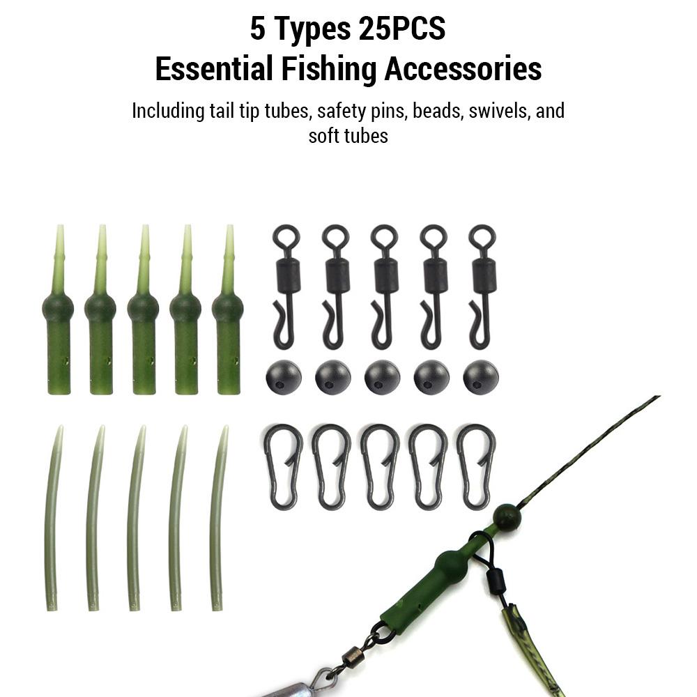 Kit per pesca alla carpa 25 pezzi Attrezzatura per attrezzatura per attrezzatura per carpa Tubi con punta per coda Spille di sicurezza Perline Girevoli