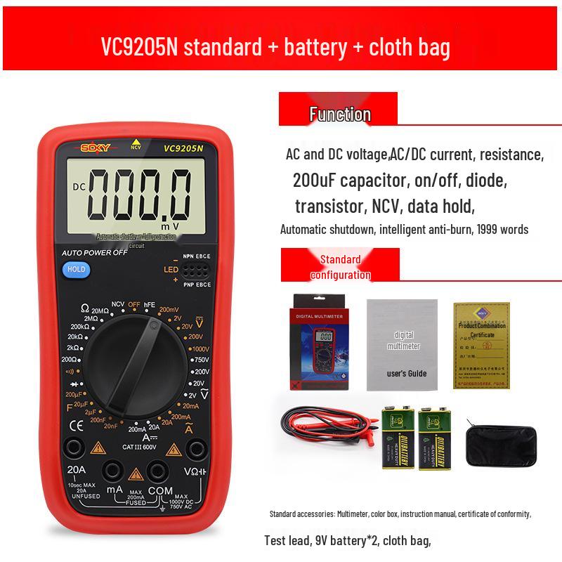 Shengde DT9205N High-Precision Digital Multimeter with Anti-Burn Protection and Auto Power-Off