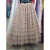 Women's Elastic Waist A‑Line Maxi Tulle Skirt Fresh Sweet Tiered Cake Long Skirt