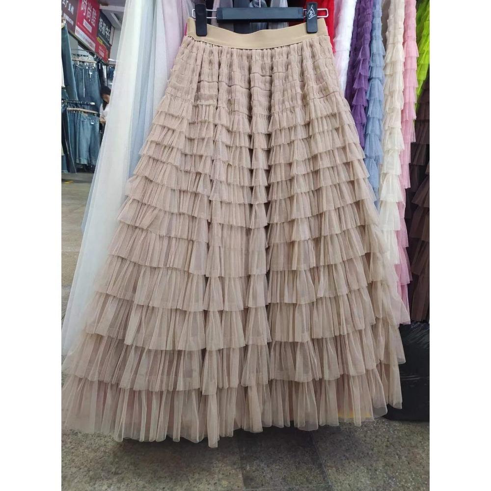 Women's Elastic Waist A‑Line Maxi Tulle Skirt Fresh Sweet Tiered Cake Long Skirt