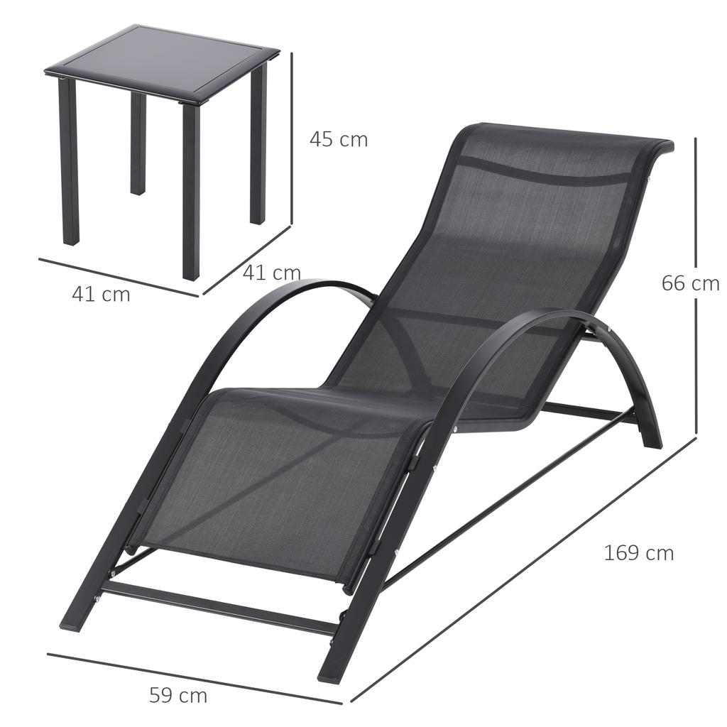 Set of 2 Sun Loungers Contemporary Design Lounge Chairs Coffee Table Tempered Glass Top Epoxy Metal Textilene Black