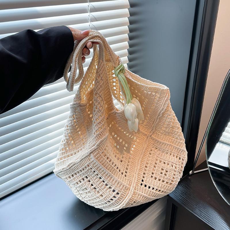 New Trend Women's Bag Crochet Handbag Retro Knitted Solid Color Hollow Top-handle Tote Bag Travel Shopper Shoulder Bag CLE
