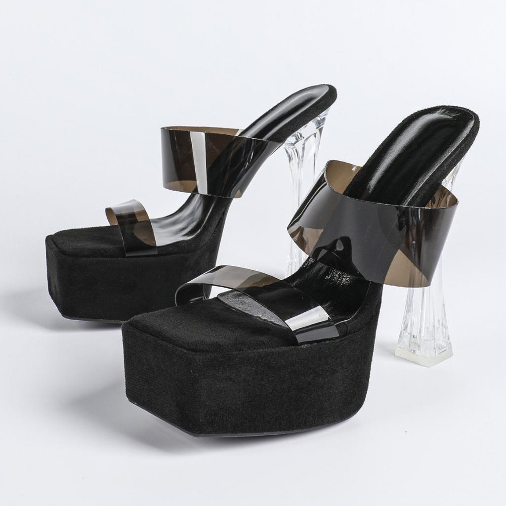 MCLUBGIRL  Summer Wear Crystal Cool Slippers Thick-soled Waterproof Table Transparent Word With High-heeled Sandals LFD-3640-5