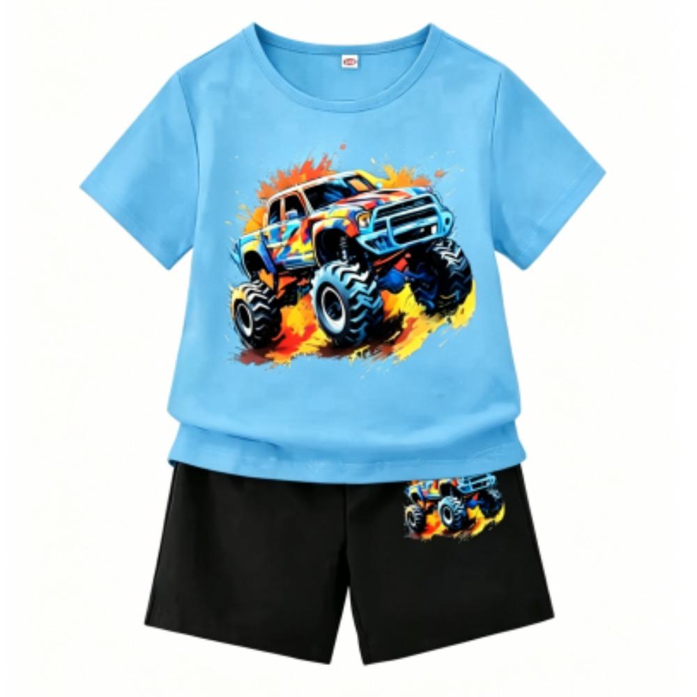 Cartoon Car Print Outdoor Street Kids T-shirt and Shorts Summer Home Casual Outfit Boy and Girl's Sports Set