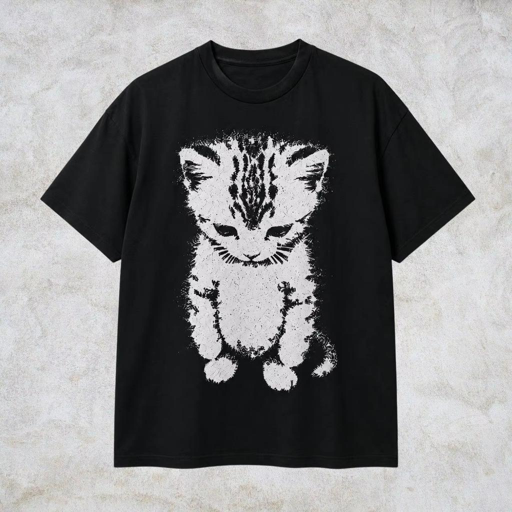 Y2k Tops Cat Vintage Loose Oversized Unisex Tshirt Harajuku Streetwear Trendy Cotton Print Breathable High Quality Couples Soft