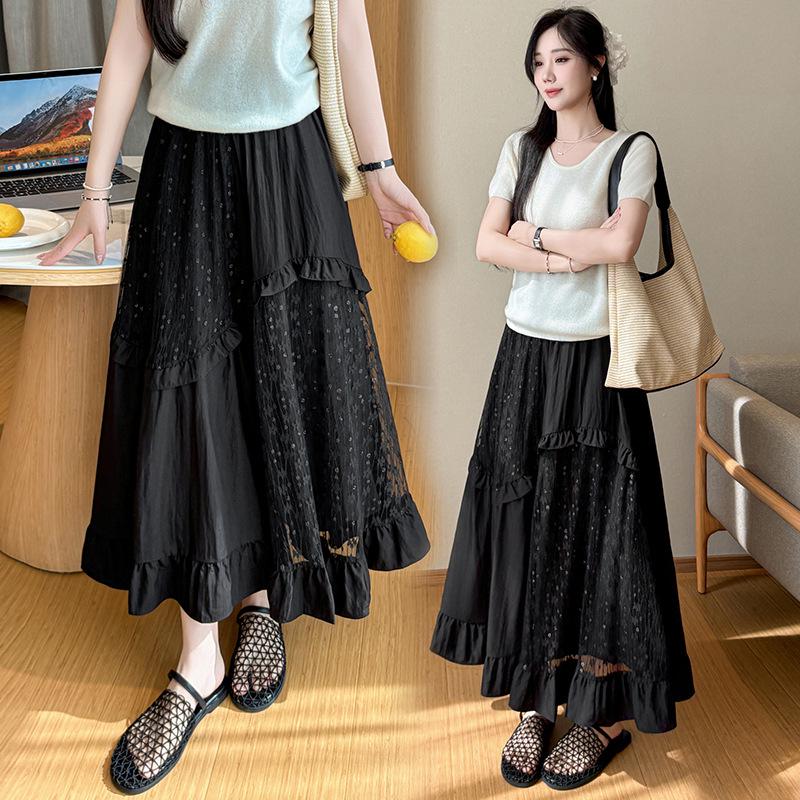 Women's White Lace Ruffled Midi A-line Cake Skirt - 2026 Spring/Summer
