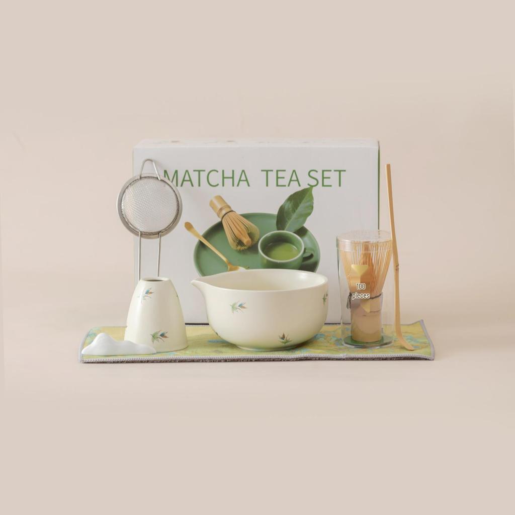 Japanese Forget-Me-Not Ceramic Matcha Bowl Set with Whisk & Spoon - Inspired by Song Dynasty