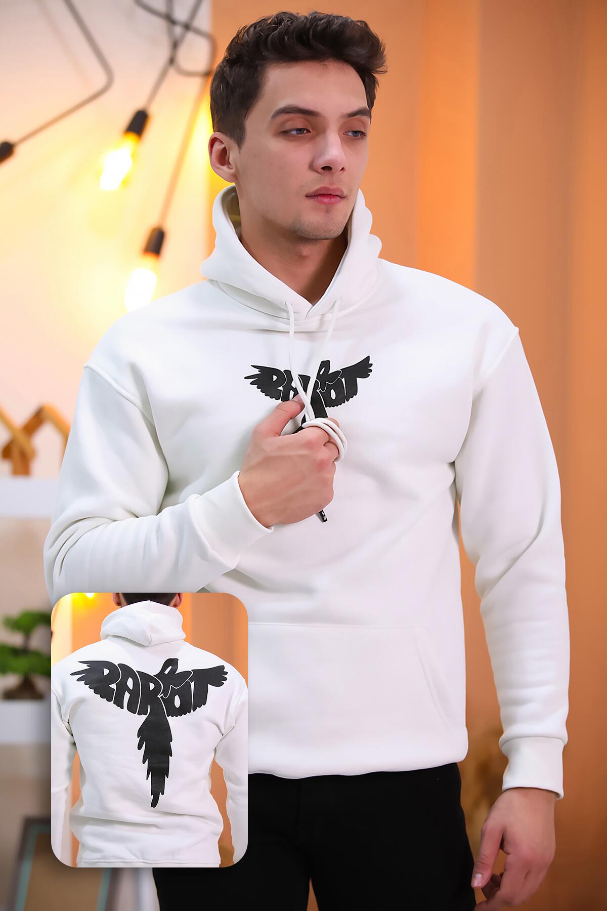 

Мужской свитер с капюшоном и принтом спереди и сзади