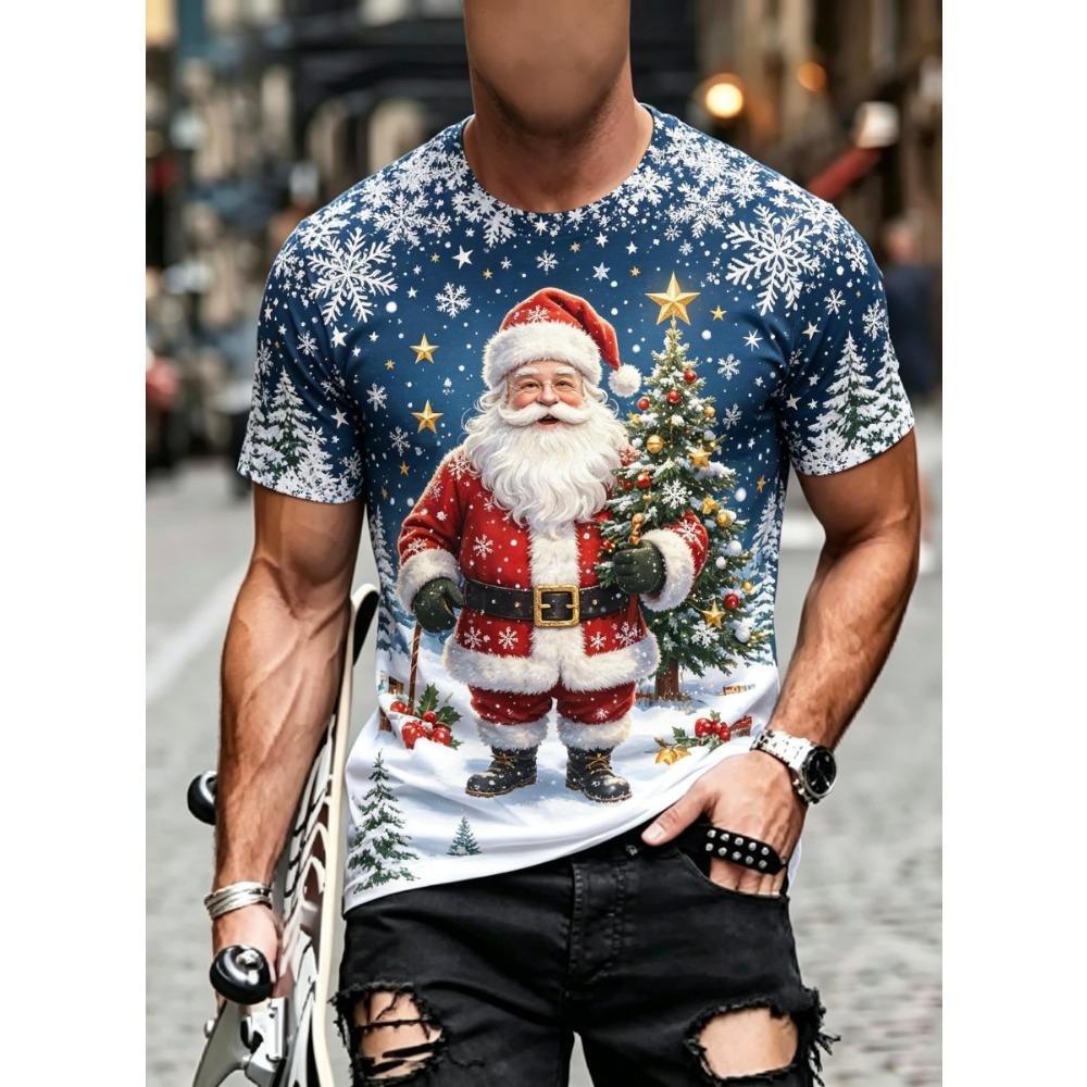 Men Festive Short Sleeve Top, Santa Claus Xmas Tree Star Print Crew Neck