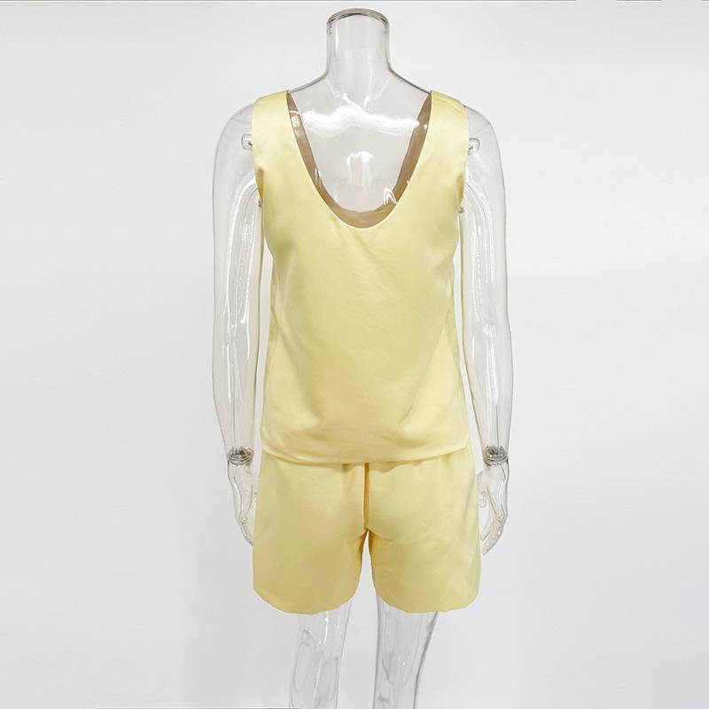 2 Piece Sets Shorts Outfits Women Satin Casual Tracksuits Summer V Neck Tops And Short Sets Sleeveless Drawstring Suits