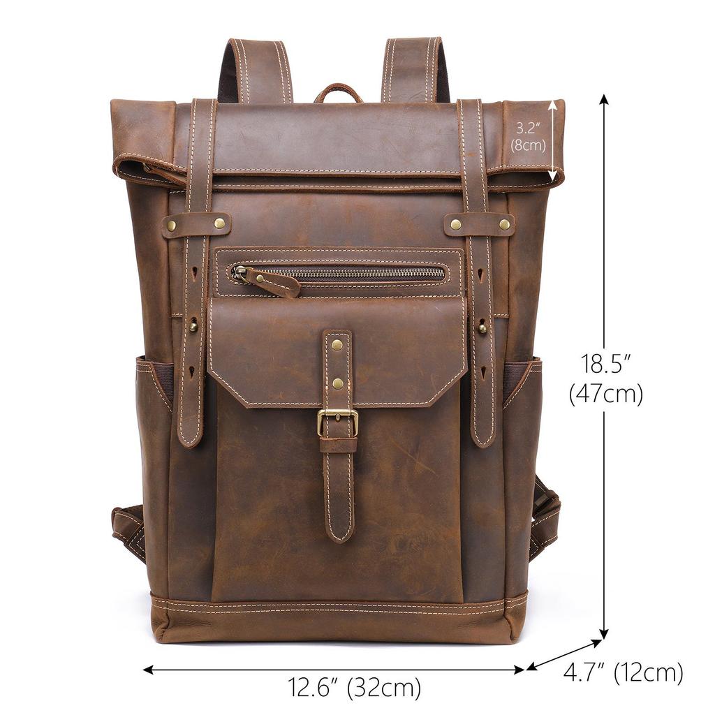 Men's Crazy Horse Leather Backpack - Genuine Leather Retro Large Capacity Double Shoulder Bag for Outdoor Travel, Mountaineering, and School.