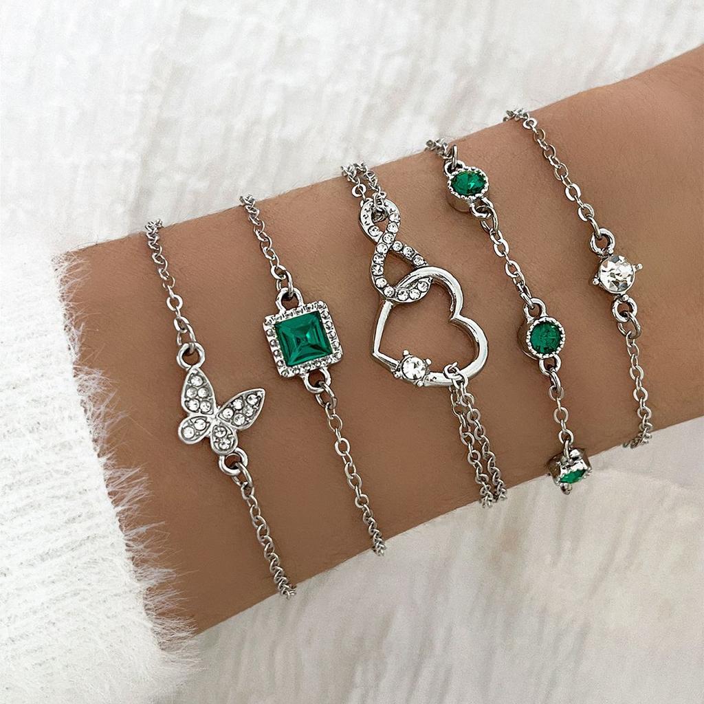 New Luxurious Geometry Square Green Crystal Bracelets Women Fashion Exquisite Butterfly Love Heart Metal Bracelets Set Zircon