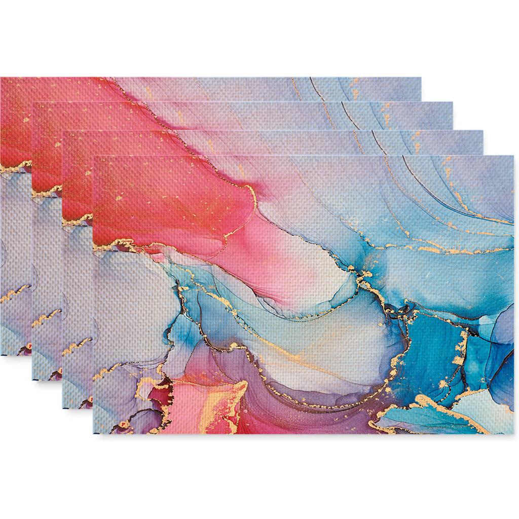 Anti Fouling and Heat-insulating Table Mat 4PC Placemat Watercolor Marble Printed Fabric Linen Placemat  Western Style Placemat
