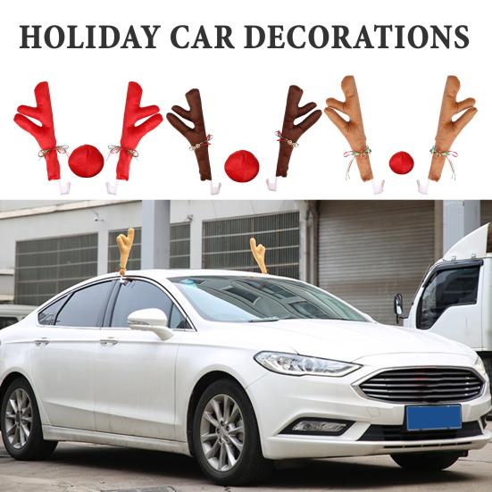 3Pcs Christmas Car Decorations Car Reindeer Antlers Red Nose Kit Festive Auto Accessories for Sedans Trucks