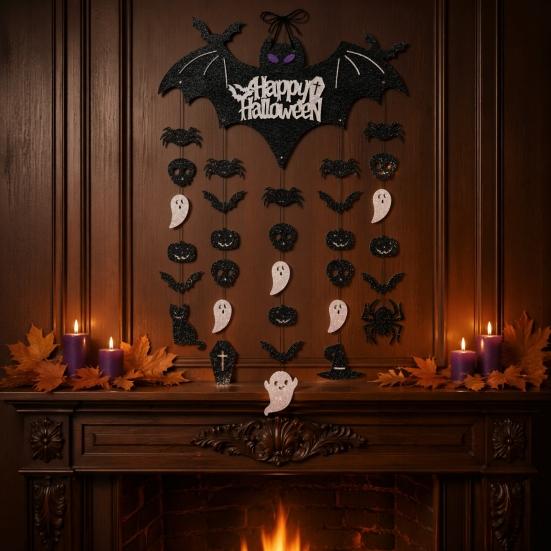 Party Atmosphere Accents Happy Halloween Bat Hanging Door Sign, Spooky Skull Spider Paper Festive Holiday Supplies Ornament, Large Wall Hanger