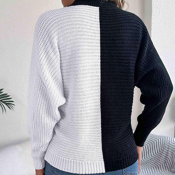 Women's Knit Sweaters Crew Neck Lantern Long Sleeve Pullover Jumpers Colour Block Ribbed Knitted Sweatshirt Tops