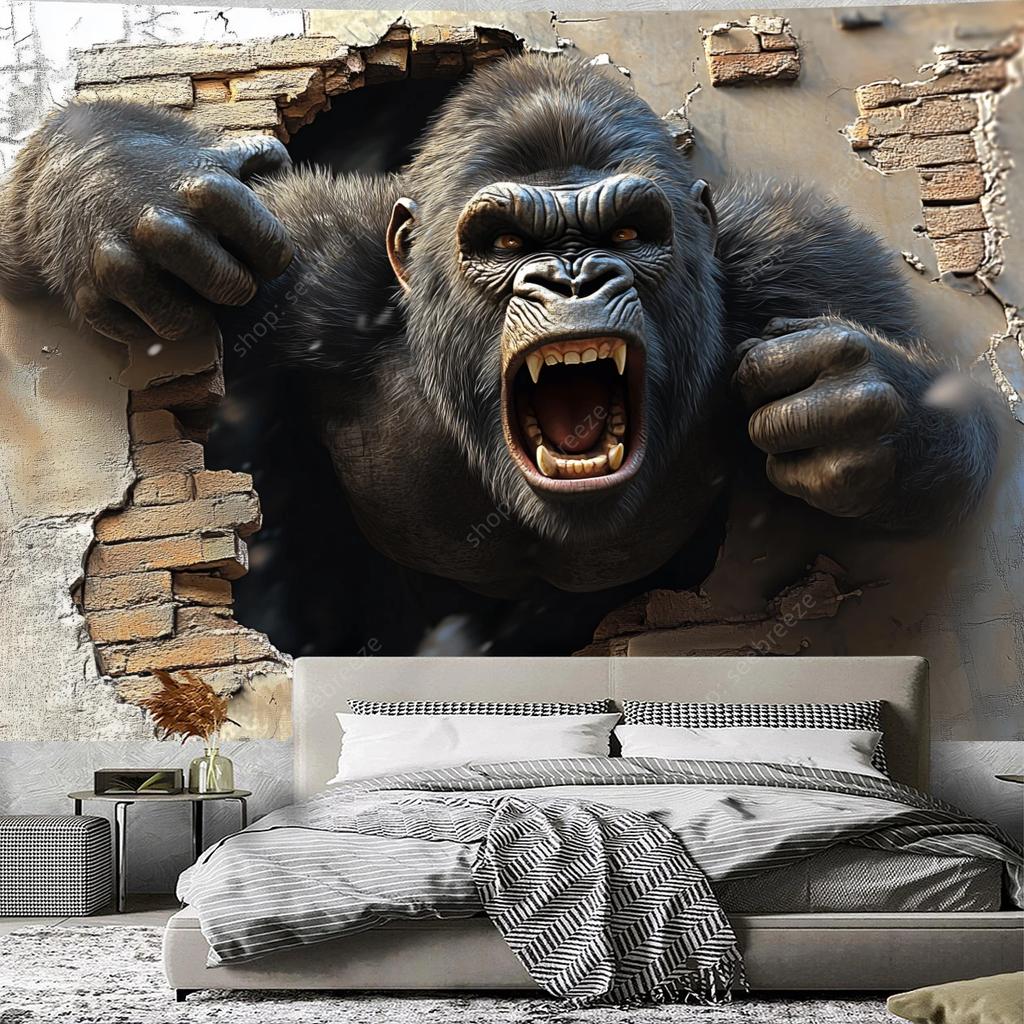 Angry Gorilla Climbing Out of A Hole Tapestry Wall Hanging for Hippie Aesthetic Room Decor Psychedelic Home Wall Decor Yoga Mat