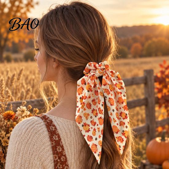 Elastic Hair Bands for Thick Fall Pumpkin Maple Leaf Tie Women, Bow Knot Ribbon Ponytail Skin Friendly Fabric Ties Holder, Soft Accessory Thanksgiving