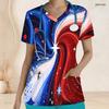 Women Plus Size Scrub Top V Neck Short Sleeve Printed Red Blue With Front Pockets