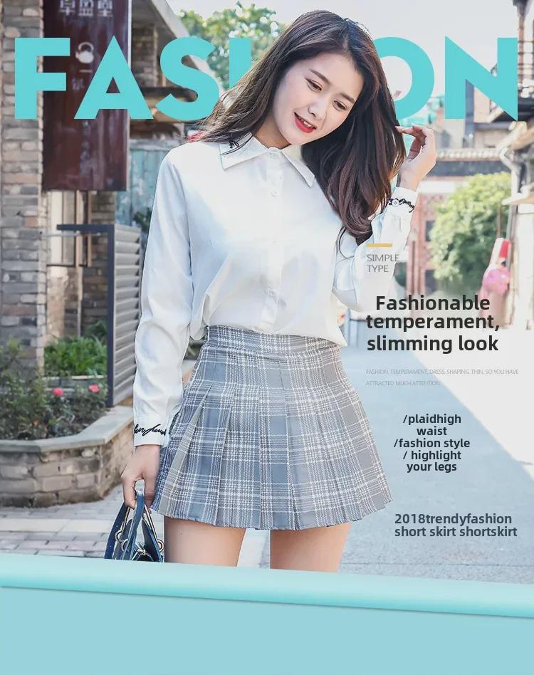 Sukně áčkového střihu s vysokým pasem, plisovaná, kostkovaná - Dámský korejský styl, krátká, jednobarevná, jaro/léto 2025