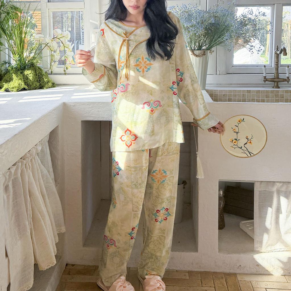Cotton silk pajamas women's 1011 new spring and summer long-sleeved new Chinese-sleeved loungewear suit retro national style can be worn outside