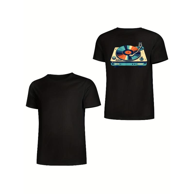 European Sizes Men's Vintage 80s 90s Retro Music Tee - Heavyweight Black T-Shirt with Back Print - Turntable Graphic Shirt for DJs