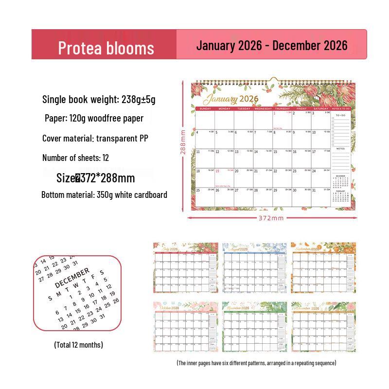 2026 Floral Wall Calendar: Custom Punch-in Memo Ring Calendar for Office
