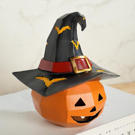 Halloween Ornament Pumpkin Wearing Witch Hat Shape Statue Indoor Outdoor Decor Spooky Halloween Tabletop Decoration