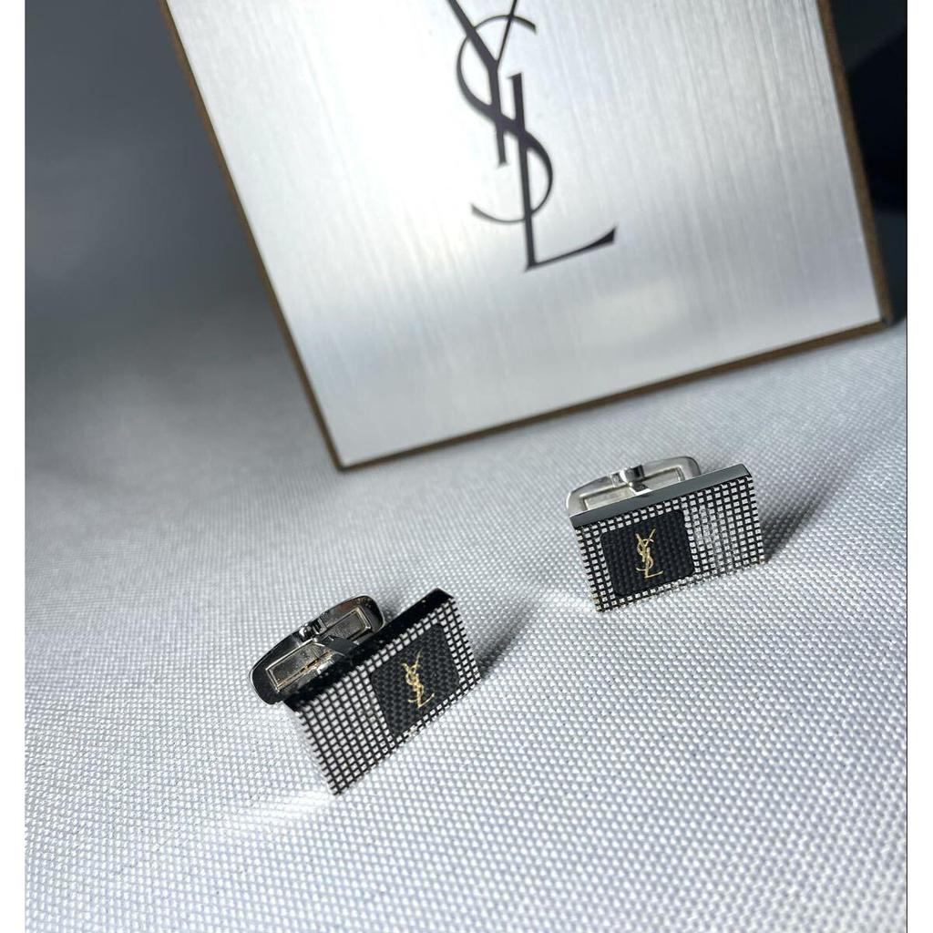 Used YVES SAINT LAURENT YSL Silver & Gold & Black Square Vintage Cufflinks Cufflinks Button with Case