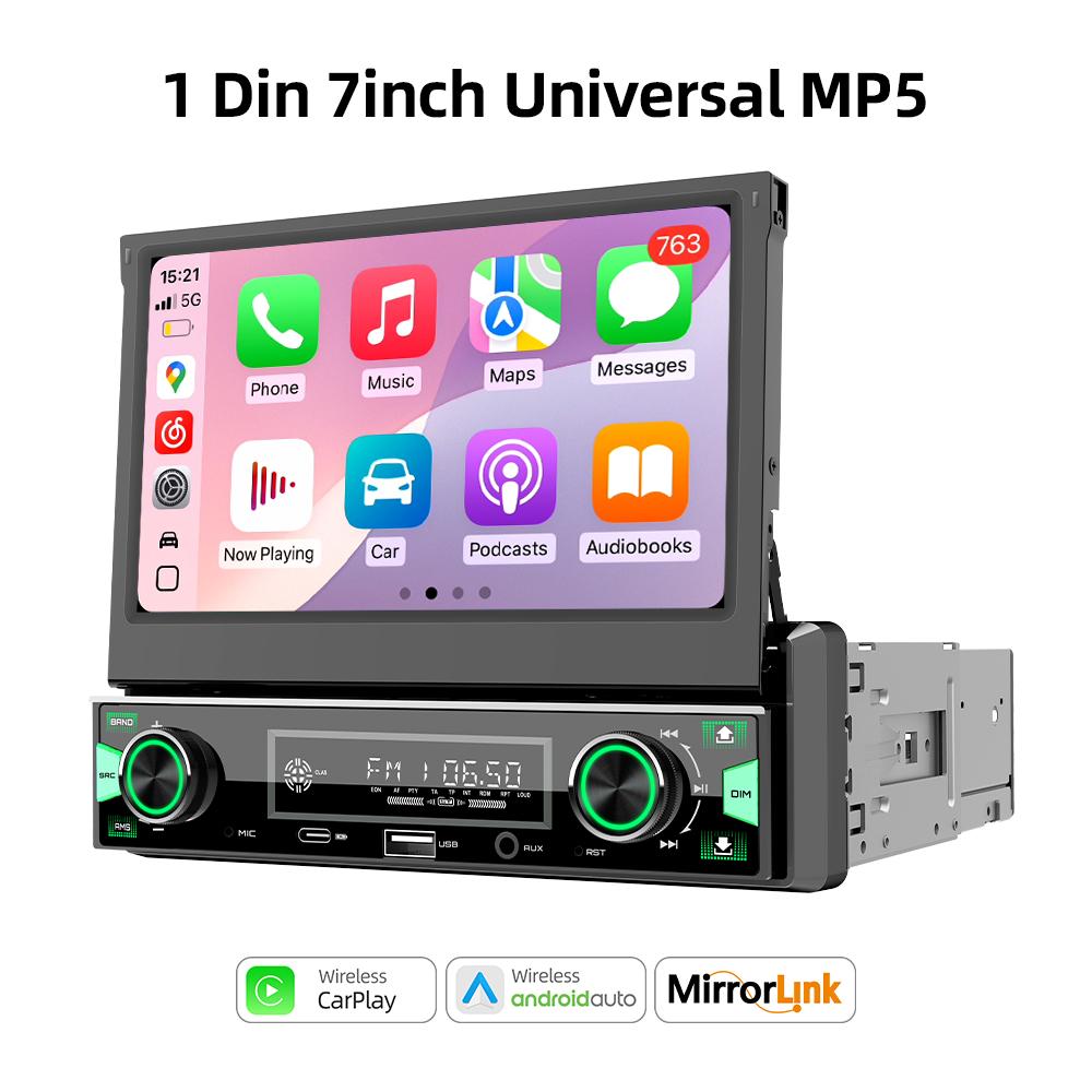 1Din 7'' MP5 Radio Player FM AM RDS Automatic Retractable Screen Wireless Carplay Android Auto Multimedia USB Type-C Car Stereo