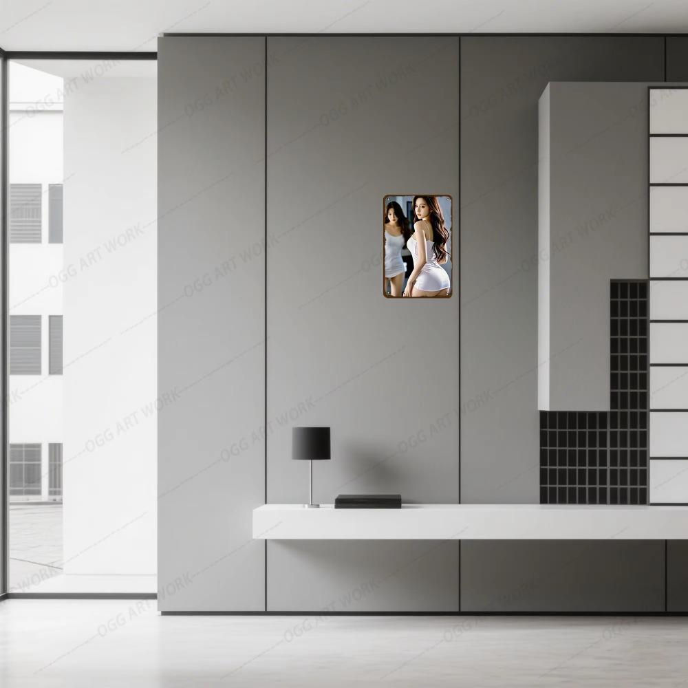 Minimalist Metal Wall Art Woman In White Dress with Mirror Modern Home Office Decor