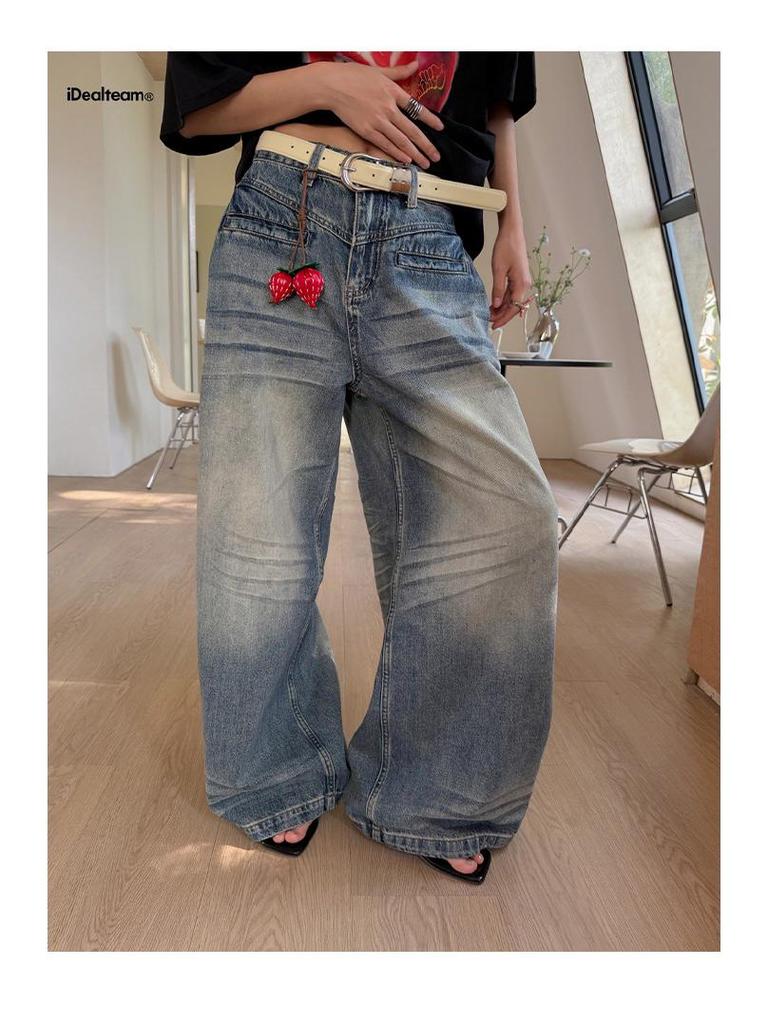 INSS Retro Washed American Style Loose Wide-Leg Denim Pants Women, Floor-Length, Spring 2026 #900501