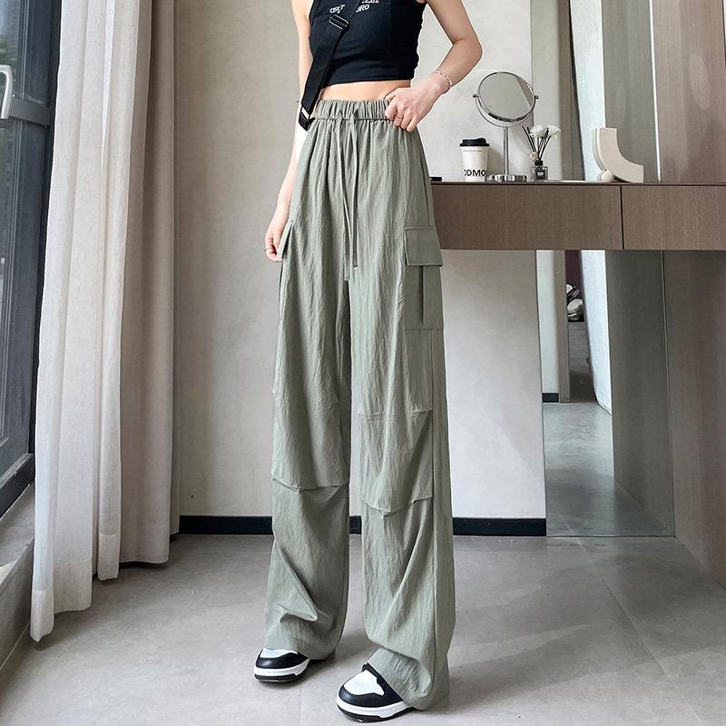 Women's Small Straight Leg Work Pants - Summer Ice Silk, Designer-Style, Elastic High Waist, Wide Leg, Floor-length