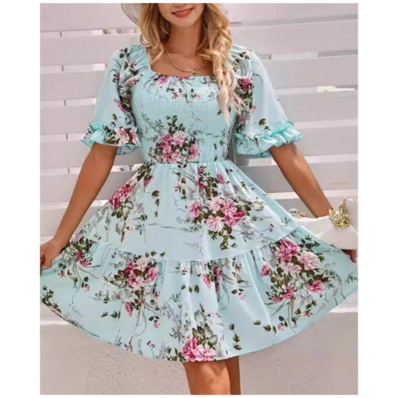 

Fashion Women Dress Print Ladies Skirt Print Square Collar Pleat Short sleeve Dress Sky Blue XL