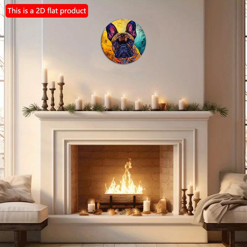 2D Flat 20*20cm1pc Cute French Bulldog Color gradient design Wooden Round Hanging Sign, Color block splicing Bulldog pattern Art plaque, ornament