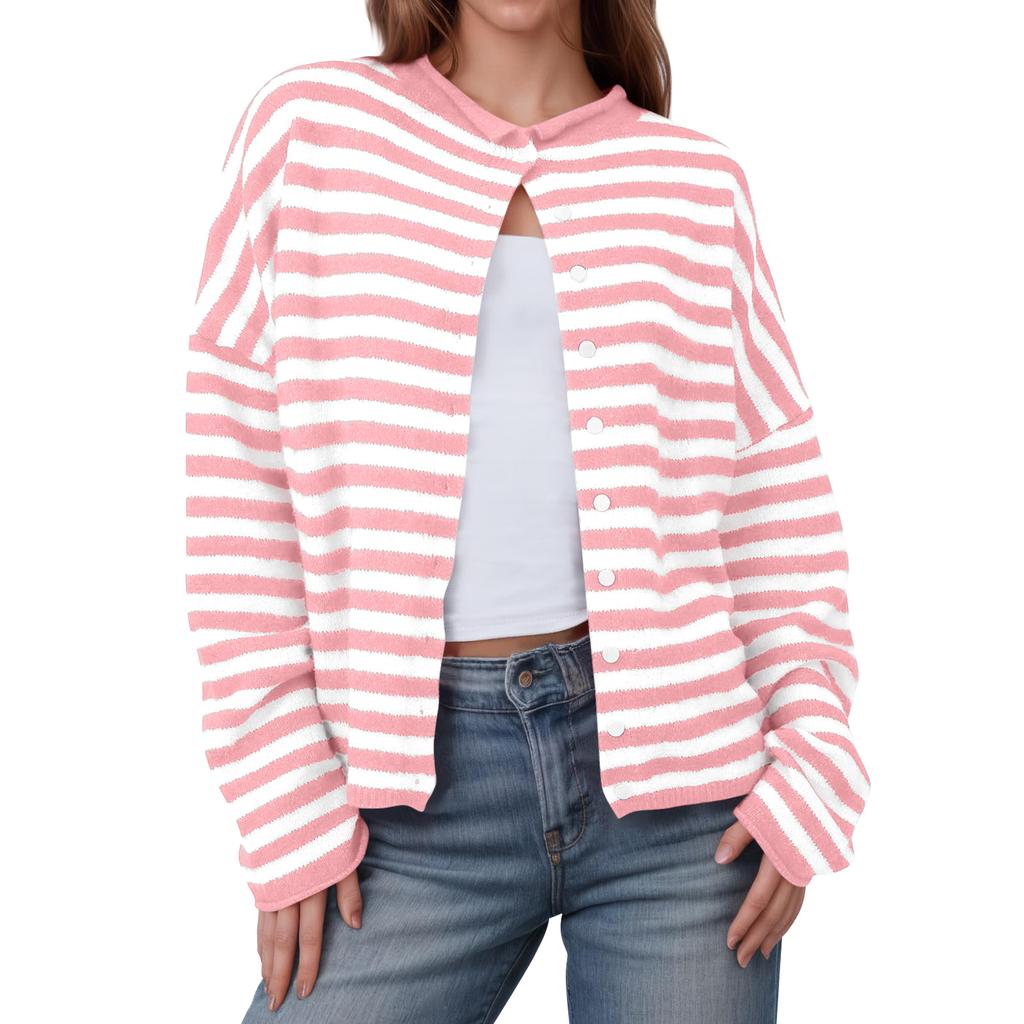 Womens Striped Cardigan Casual Long Sleeve Open Front Button Down Loose Knit