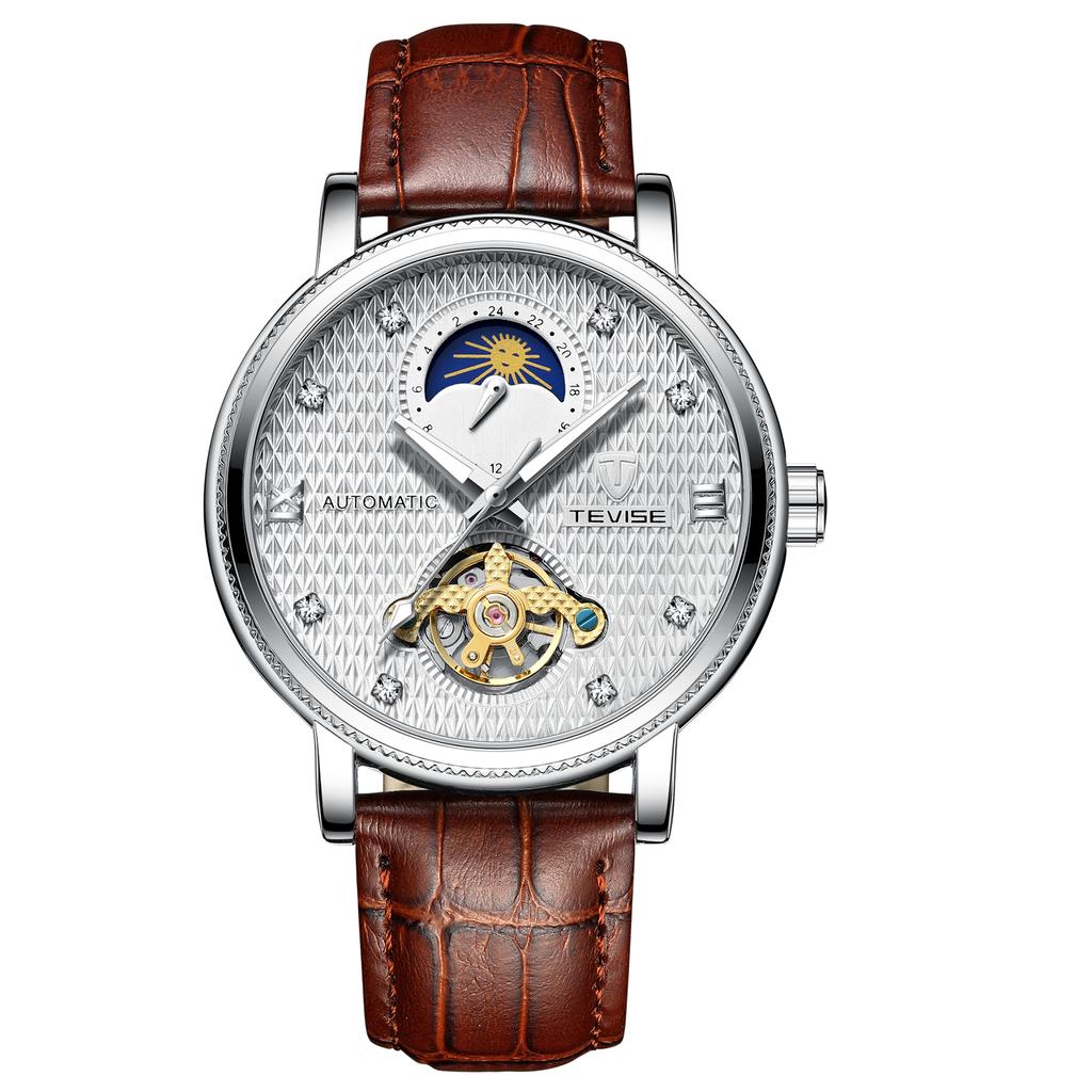 Top Brand Men Automatic Mechanical Time Moon Phase Display Luminous Hands Leather Waterproof Male Business Wrist Watches