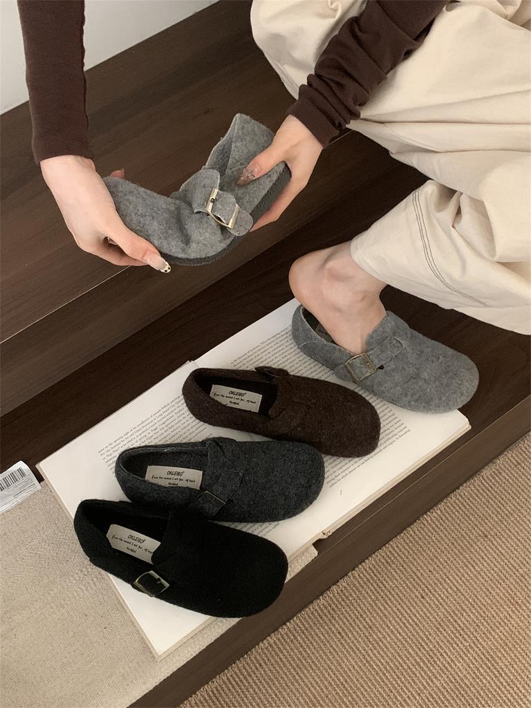 Retro Round Head Wool Woolen Velvet Birkenstocks Women's Winter Lazy People Pedal Thermal Cotton Ladyshoes Ugly Cute Big Head Shoes