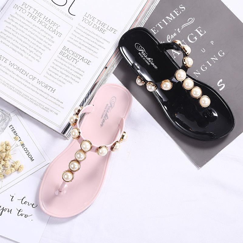 Stilvolle Damen Perlen Flache Strand Flip-Flops Hausschuhe Mit Anti-Rutsch Gemütliches Sandalen Design