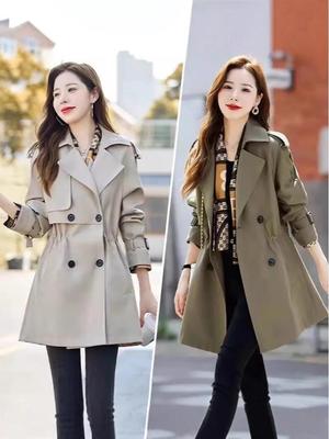 2025 Korean Style Plus Size Mid-Length Trench Coat - Women's Casual, Slimming, Trendy Fashion