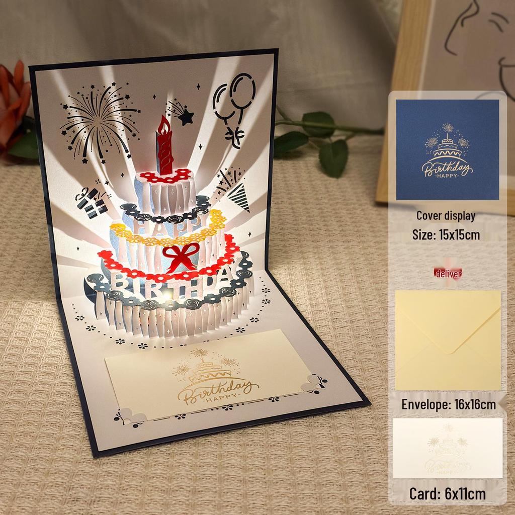 Dźwiękowa kartka urodzinowa 3D Pop-Up ze światłem do nagrywania - Wzór tortu na prezent dla chłopaka/dziewczyny